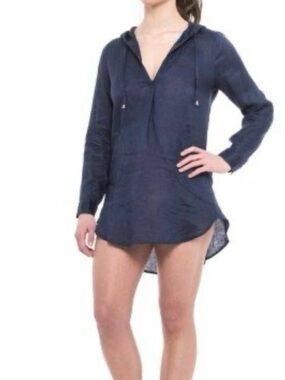 For Cynthia Navy Blue Linen Hoodie Tunic Swim Cover-Up HoodieWomen’s  Sz XL